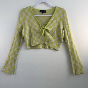 Y2K NO VACANCY Cropped Cardigan Top‎ Womens Large Green Checkered Tie Front Knit